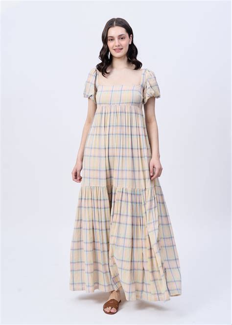Breeze (pastel check puff sleeve maxi dress) – Urth Label