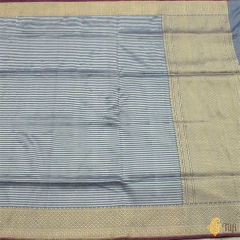 Dark Powder Blue-Grey Pure Katan Silk Banarasi Handloom Saree - Tilfi