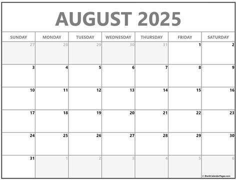 Monthly August 2025 Blank Calendar