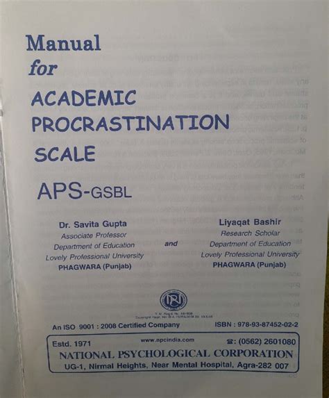 Manual for Academic Procrastination Scale (AP-101) - Studocu