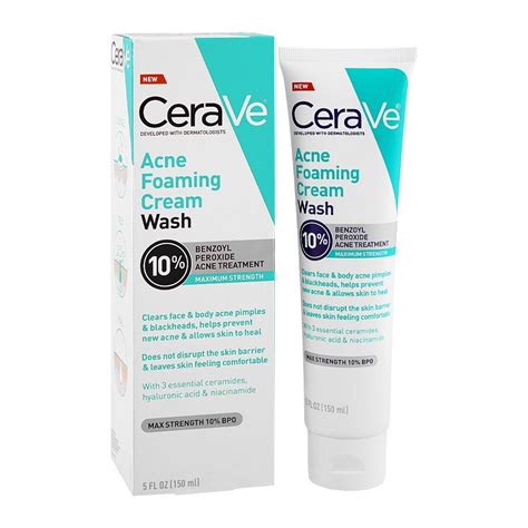 CeraVe 10% Benzoyl Peroxide Acne Foaming Cream Face & Body Wash, 150ml - Eshaistic.pk