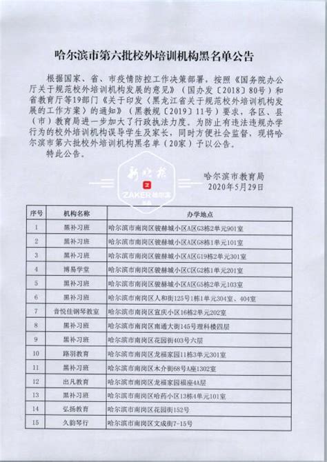 哈尔滨市公布第六批校外培训机构黑名单 20家“上榜”_手机新浪网