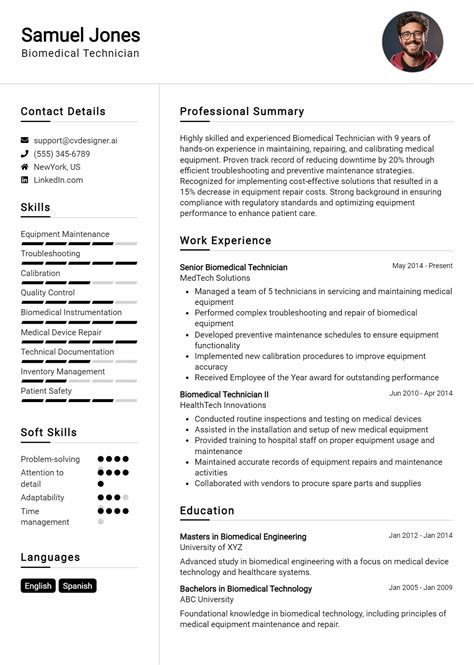 Biomedical Technician Resume Example for 2026: Effective CV Writing Tips - CVDesigner.ai