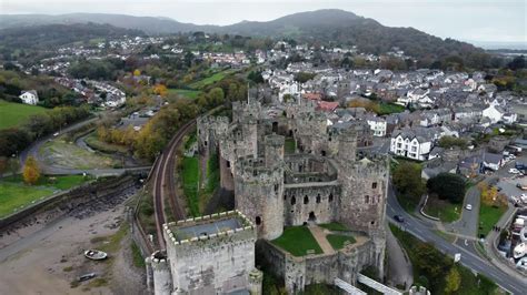 Historic Conwy castle aerial view of Landmark town ruin stone wall ...