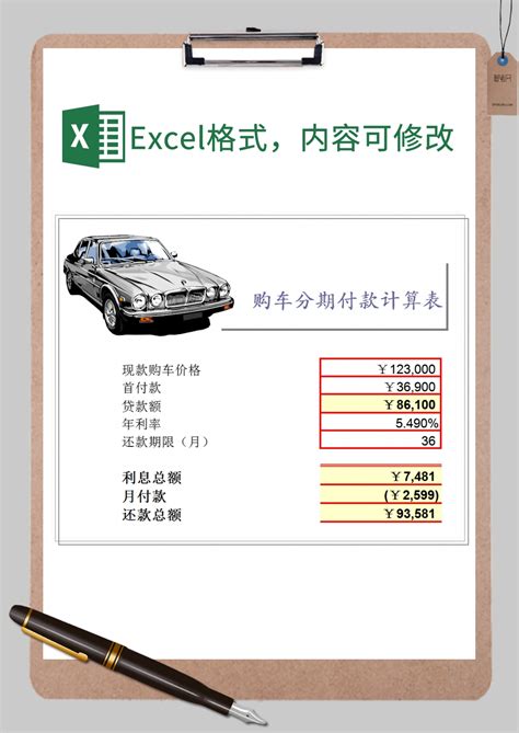 精美购车分期付款计算表Excel模板_精美购车分期付款计算表Excel模板下载_可视化图表-脚步网