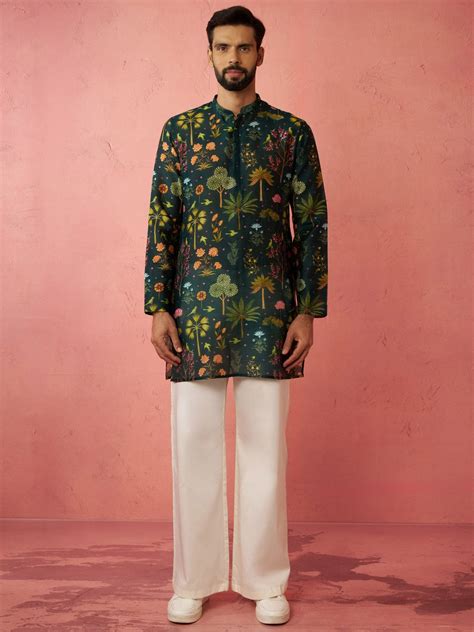 Men's Bottle Green Digital Print Kurta with Cream Satin Palazzo Set ...
