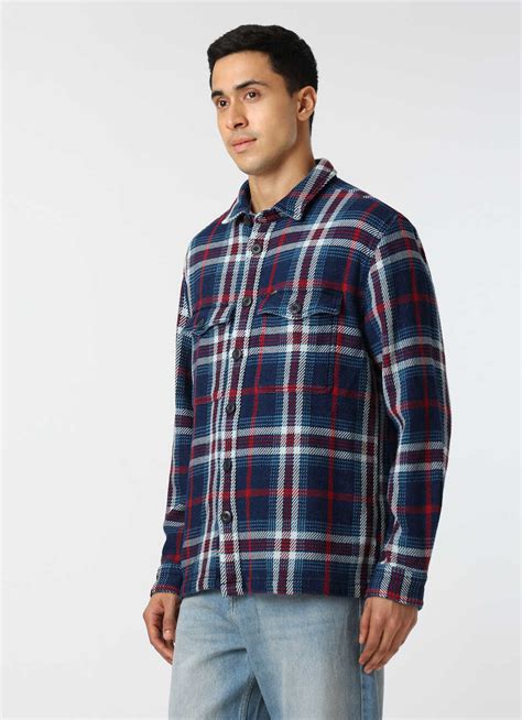 Men Indigo Blue Oversized Checked Shacket | Pepe Jeans India