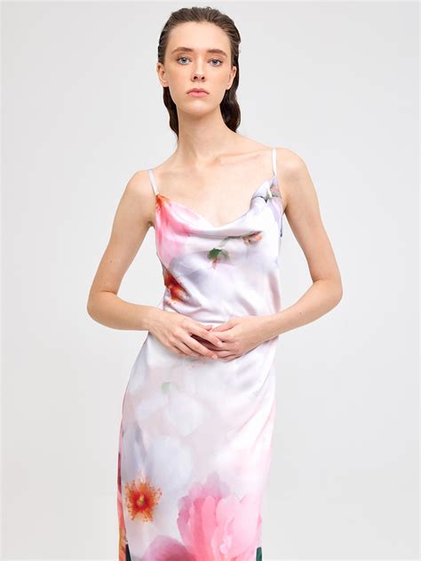 Pink floral print satin maxi slip dress
