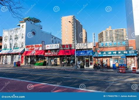Shops and Restaurants Along a Street in Downtown Flushing Queens of New ...