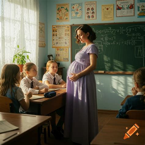 A pregnant teacher in a lavender dress stands in a classroom, looking ...