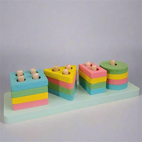 Wooden Geometric Blocks Stacker Shape Sorter Column Puzzle Montessori ...