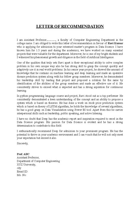 LOR for Higher Studies in Data Science from Prof. ABC - Studocu