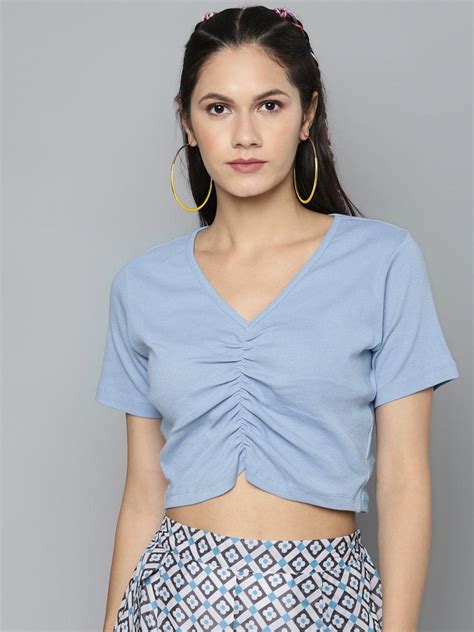 Buy Women Blue Gather Detail Crop Top Online At Best Price - Sassafras.in