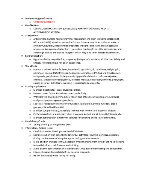 Documented Study - Trade name/generic name o Seroquel/quetiapine Classification o CENTRAL - Studocu