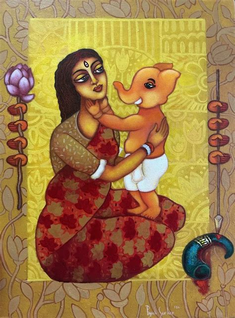 "Durga And Ganesha": Red-Violet Religious painting by Piyali Sarkar ...