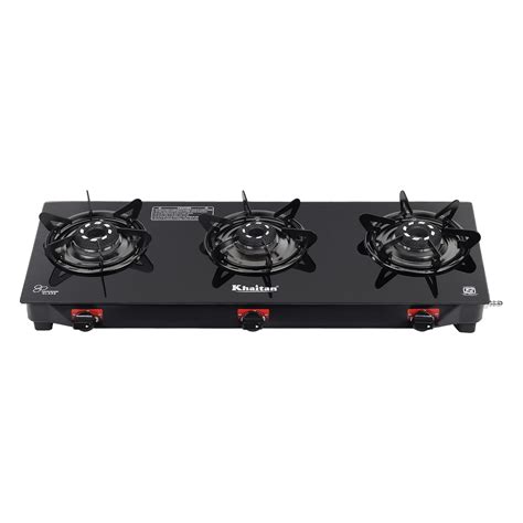 Khaitan 3 Burner Selios Black Manual Gas Stove Toughened Glass, Alloy ...