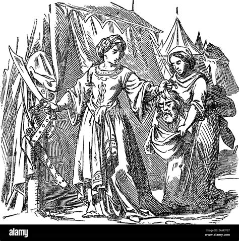 Vintage drawing or engraving of biblical story of Judith putting head of Assyrian army general ...