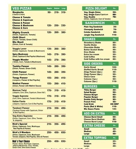 Menu at Nick's pizza, Jewar