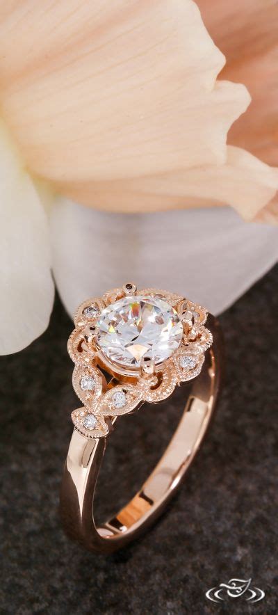 Rose Gold Engagement Ring with Delicate Milgrain & Diamond Leaf Halo ...
