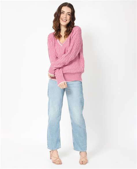 Rareism Women's Broun Dusky Pink Acrylic Fabric Full Sleeves V-Neck ...