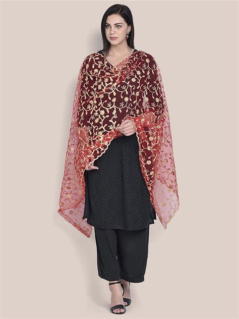 Dupatta Bazaar Woman's Red Embroidered Net Dupatta Dupatta Bazaar
