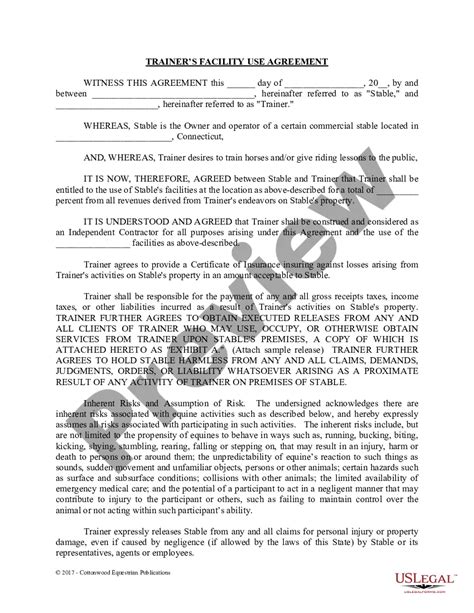 Connecticut Trainer's Facility Use Agreement - Horse Equine Forms | US ...