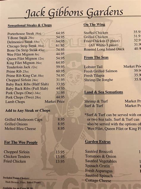 Menu at Jack Gibbons Gardens steakhouse, Oak Forest
