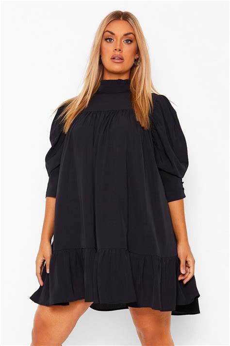 Plus High Neck Puff Sleeve Smock Dress | boohoo IE