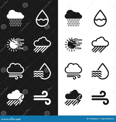 Set Cloud with Rain, Fog and Sun, Water Drop, Windy Weather and Percentage Icon. Vector Stock ...