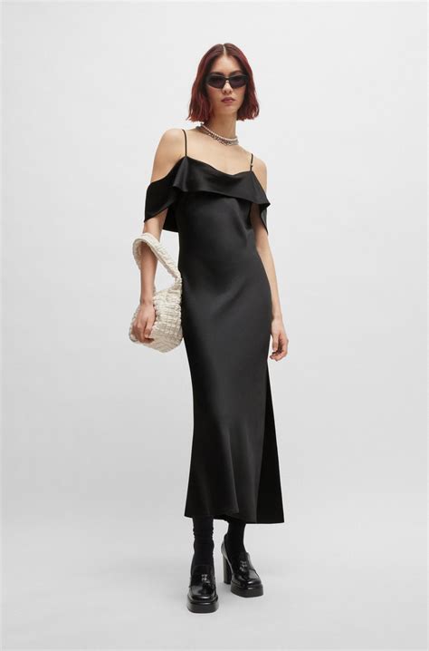 HUGO - Bardot-neckline dress in satin