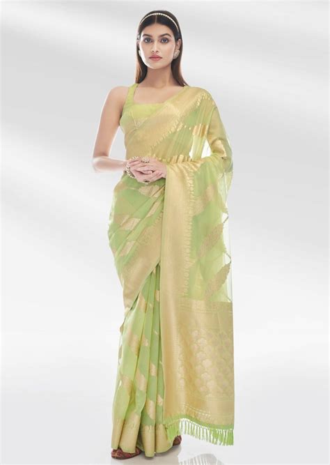 Pure Banarasi Organza Lime Green Saree – Sunasa
