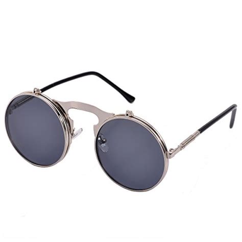 Buy COASION Retro Metal Flip Up Round Circle Frame Steampunk Sunglasses ...