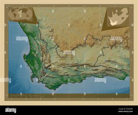 Western Cape, province of South Africa. Colored elevation map with lakes and rivers. Locations ...
