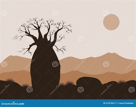 Baobab Tree Landscape with Mountains Background. Baobab Silhouette Stock Vector - Illustration ...