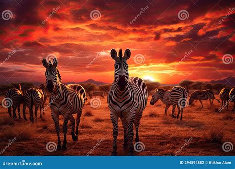 Group of Zebras at Sunset in the Savannah of Namibia, Herd of Zebras in ...