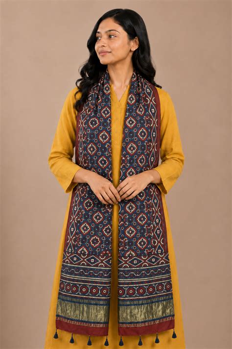 Ajrakh Modal Silk Natural Dye Hand Block Print Stole with Golden Borde ...