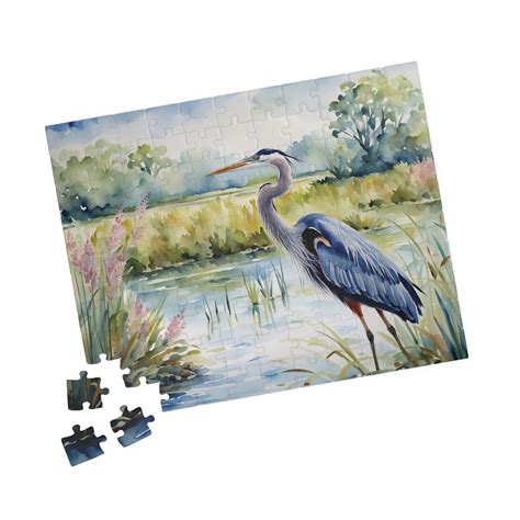 Jigsaw Puzzle: Marsh Great Blue Heron Bird Watercolor Landscape (110 ...
