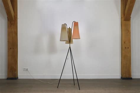 Vintage Tripod Floor Lamp in Brass and Plisse, 1950s For Sale at 1stDibs