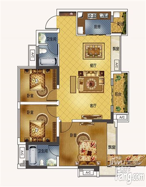 成都蓝润光华春天1期1批次7、8栋标准层C6户型户型图_首付金额_3室2厅2卫_95.0平米 - 吉屋网