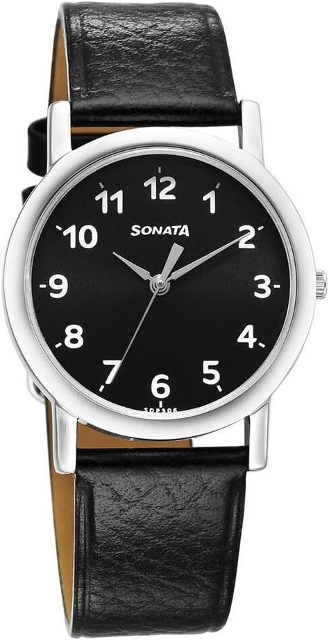 Sonata Classic Quartz Analog Black Dial Black Leather Strap Watch for ...