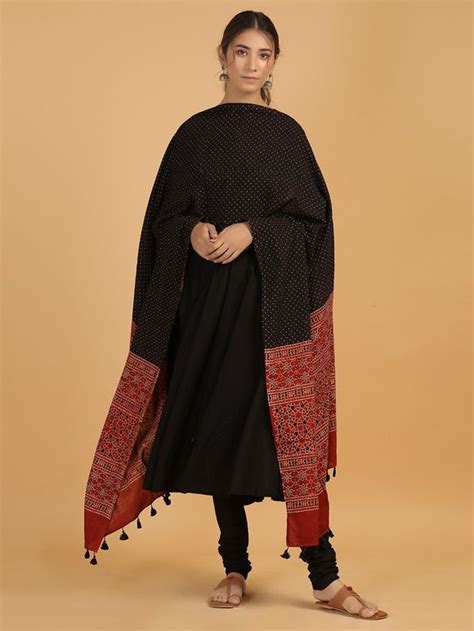 Buy Black Rust Checkered Ajrakh Printed Cotton Dupatta | RUM17FEB101 ...