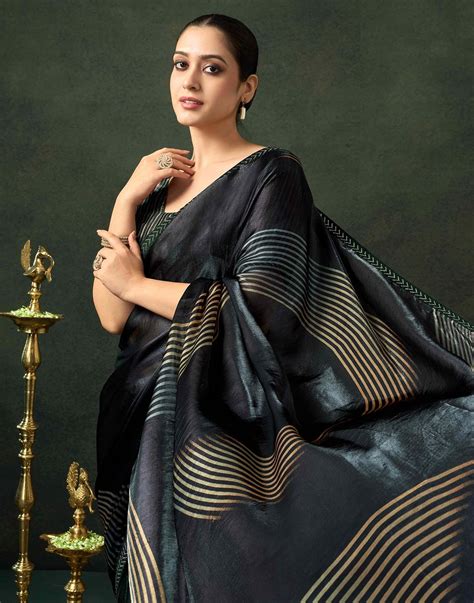 Black Organza Printed Swarovski Saree with Gold Striped Pattern | Sudathi