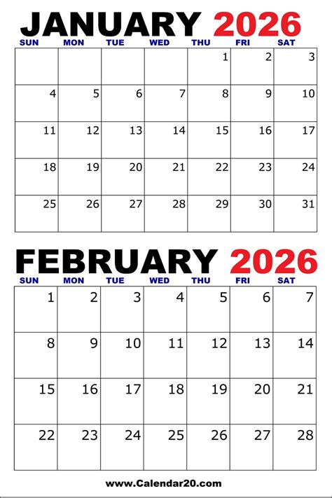 January and February 2026 Printable Calendar - Calendar20.com