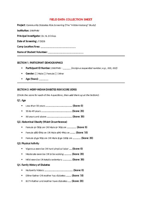 FIELD DATA COLLECTION SHEET: Community Diabetes Risk Screening (SNVPMV ...