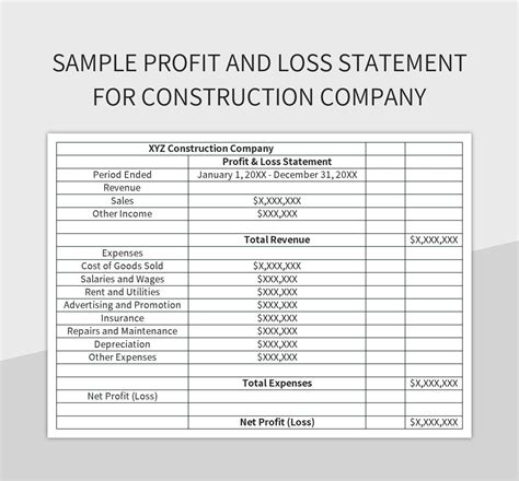 Sample Profit And Loss Statement For Construction Company Excel ...