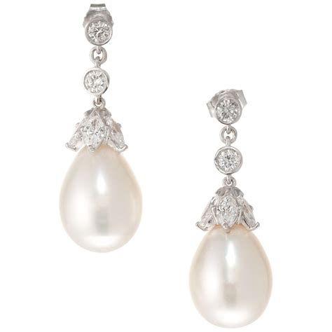 Tear Drop South Sea Cultured Pearl Diamond Platinum Dangle Earrings For ...