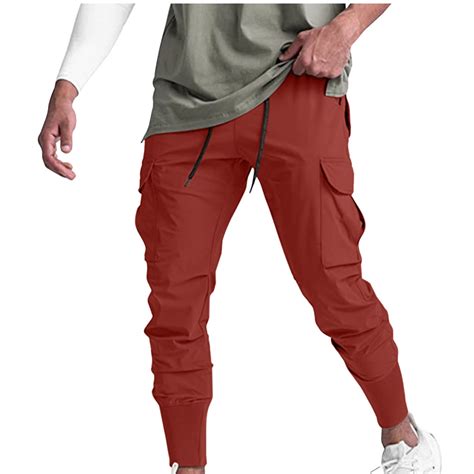 Dolkfu Cargo Men Pants Casual Red Jogger Breathable Stretch Tight ...