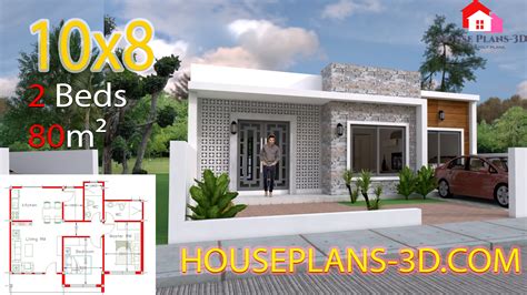 House Design 10x8 with 2 Bedrooms - House Plans 3D