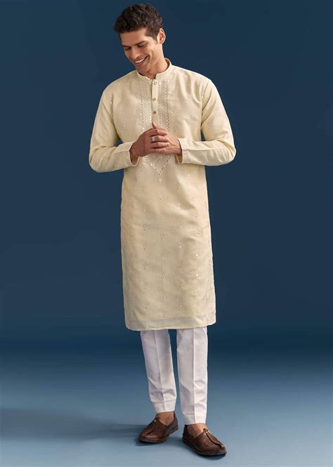 Buy Yellow Silk Kurta Set For Men With Thread And Mirror Embroidery ...