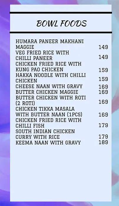Menu at Splater, Coimbatore